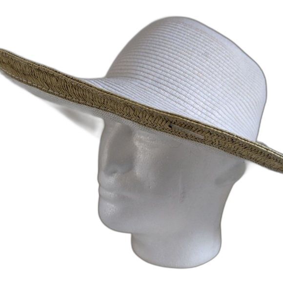 Packable Travel Floppy Straw Hat Wide Brim White with Tan Edge Vacation Cruise - Picture 7 of 11